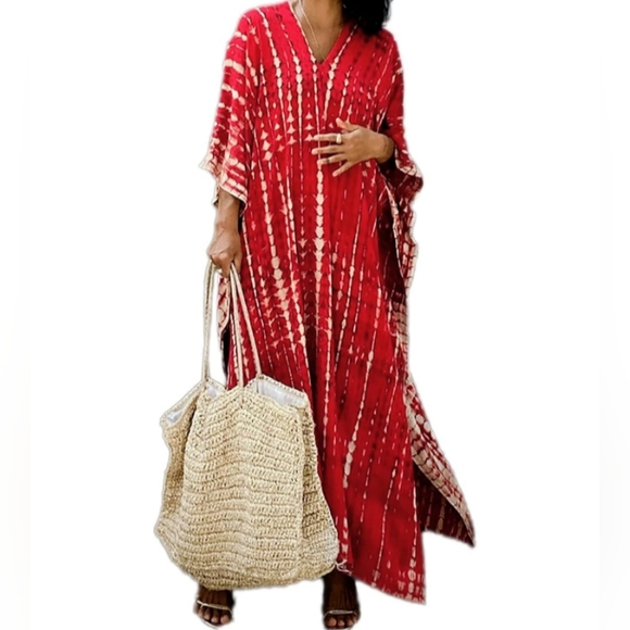 Red Tie Dye Hippie Boho Kaftan Long Loose Maxi Dress Bohemian V Neck Caftan New - Picture 8 of 13